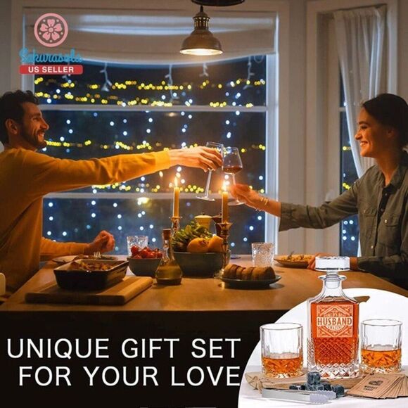 Gifts for Men Husband Decanter Set with 2 Whisky Glasses Cool Anniversary Father - Picture 2 of 8